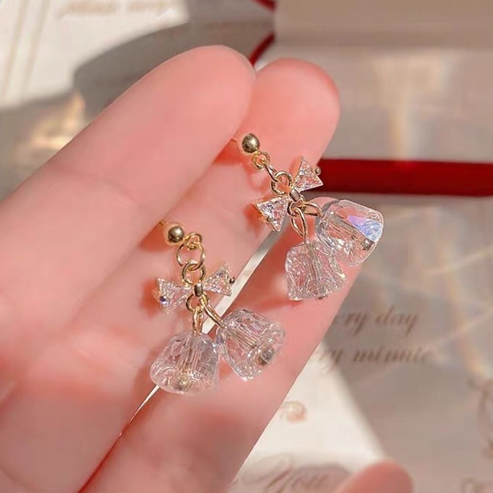 14K Light Luxury Crystal Bow Bell Stud Earrings